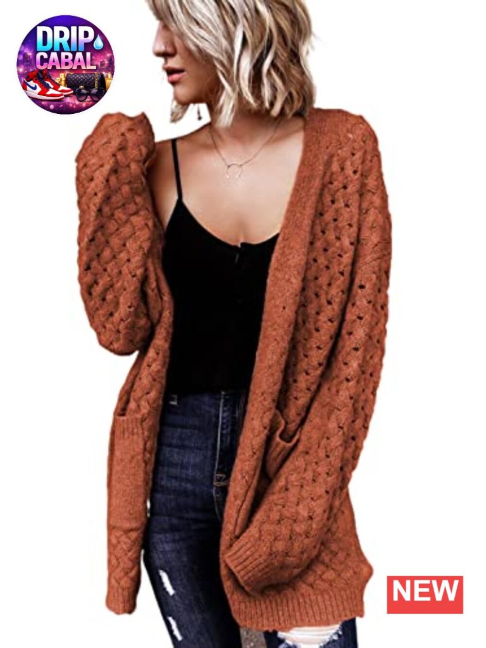 Open Front Cable Knit Cardigan with Pockets Long Sleeve Chunky Sweater